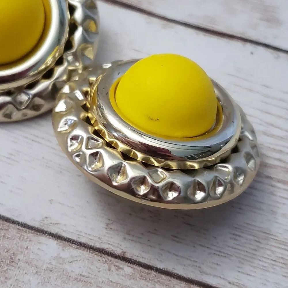 Vintage Clip On Earrings - Large Yellow with Gold Tone Fancy Halo Statement